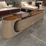 Light Luxury TV Stand with Curved Natural Wood Veneer Finish and Pull-Out Side Storage